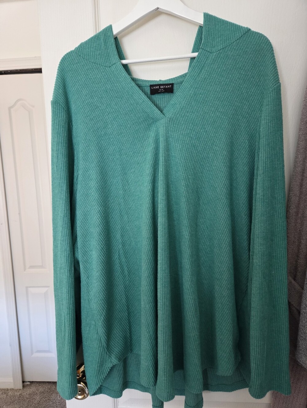 Lane Bryant Teal Green V-Neck Ribbed Hooded Sweater